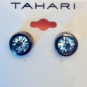 NEW - Tahari Blue Crystal Round Small Stud Post Earrings with Gun Metal Setting